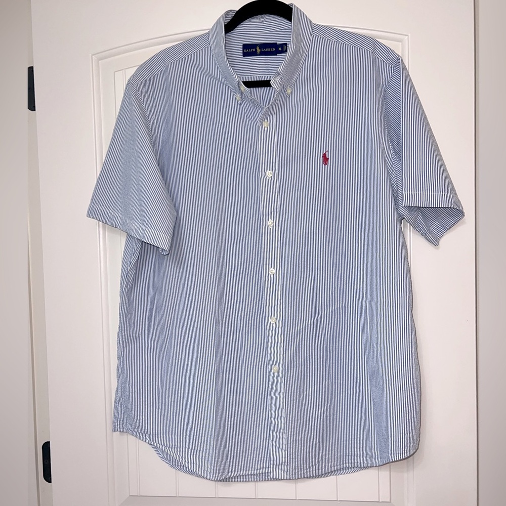 RALPH LAUREN, POLO short sleeve button up oxford shirt men’s blue/white size Xl